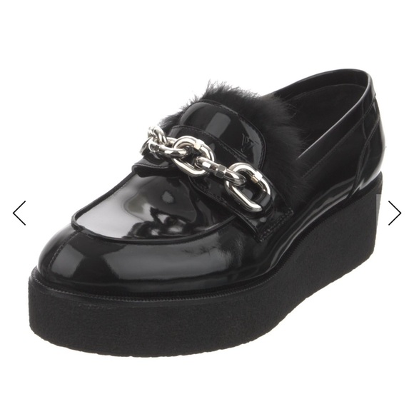 Louis Vuitton Shoes - Louis Vuitton Black Patent Leather Chain-Trim Fur Loafers